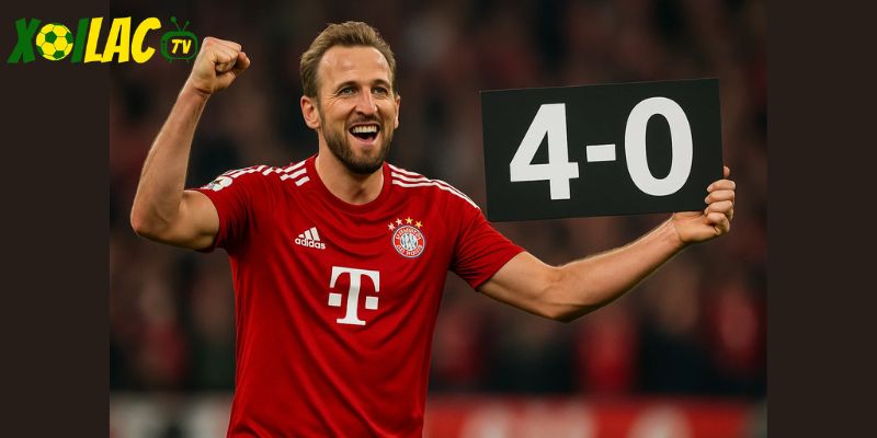 Hình ảnh Kane ăn mừng, dự đoán tỷ số 4-0 nghiêng về Bayern.